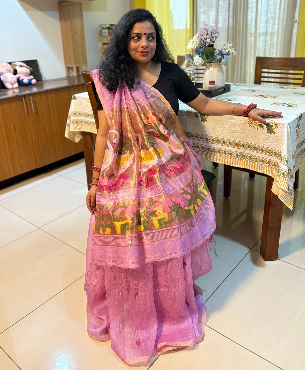 ARANYA - Matka Silk Linen Swan & Lotus Saree