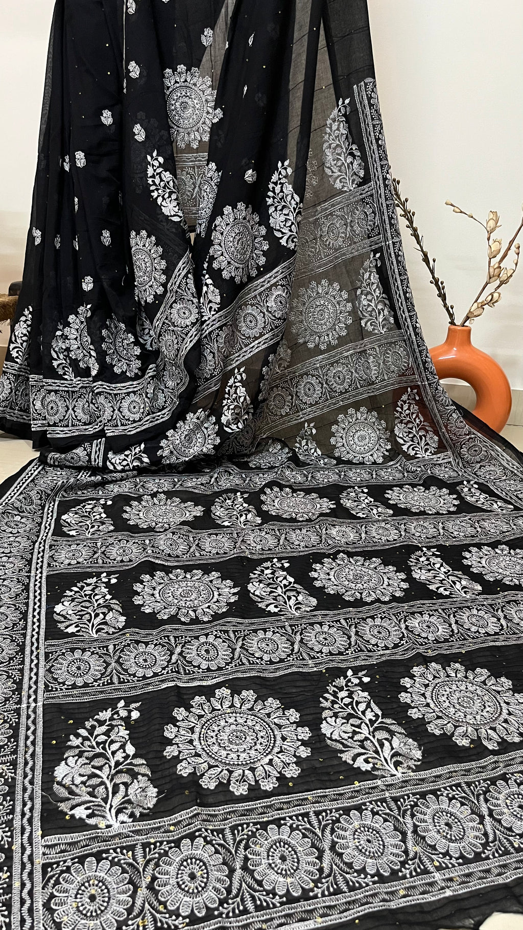 PAAVNI - Pure Mul-Cotton Black-White Chikankari Saree