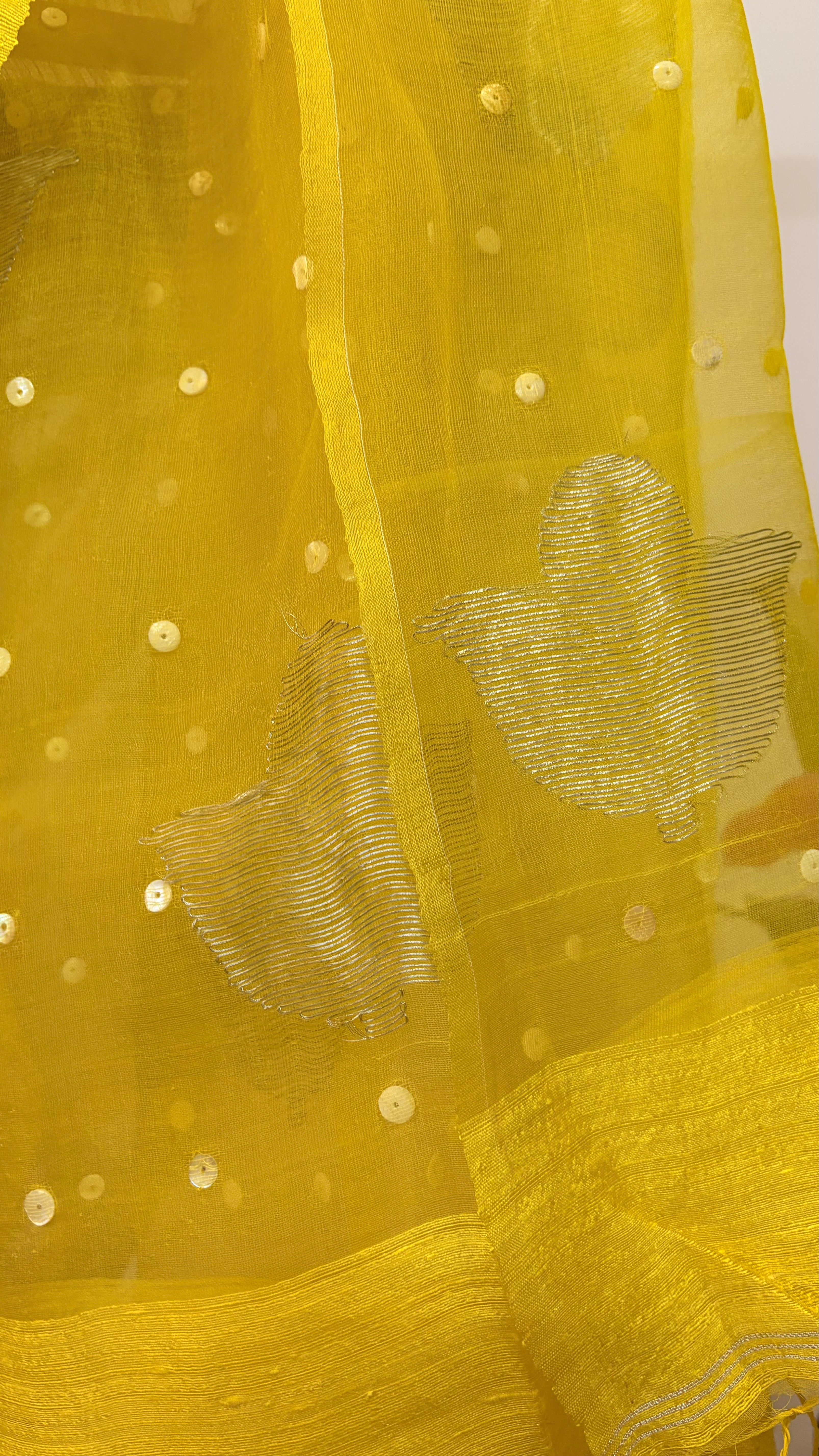 DEVI - Sun Yellow Matka Silk Muslin pallu saree with shells woven