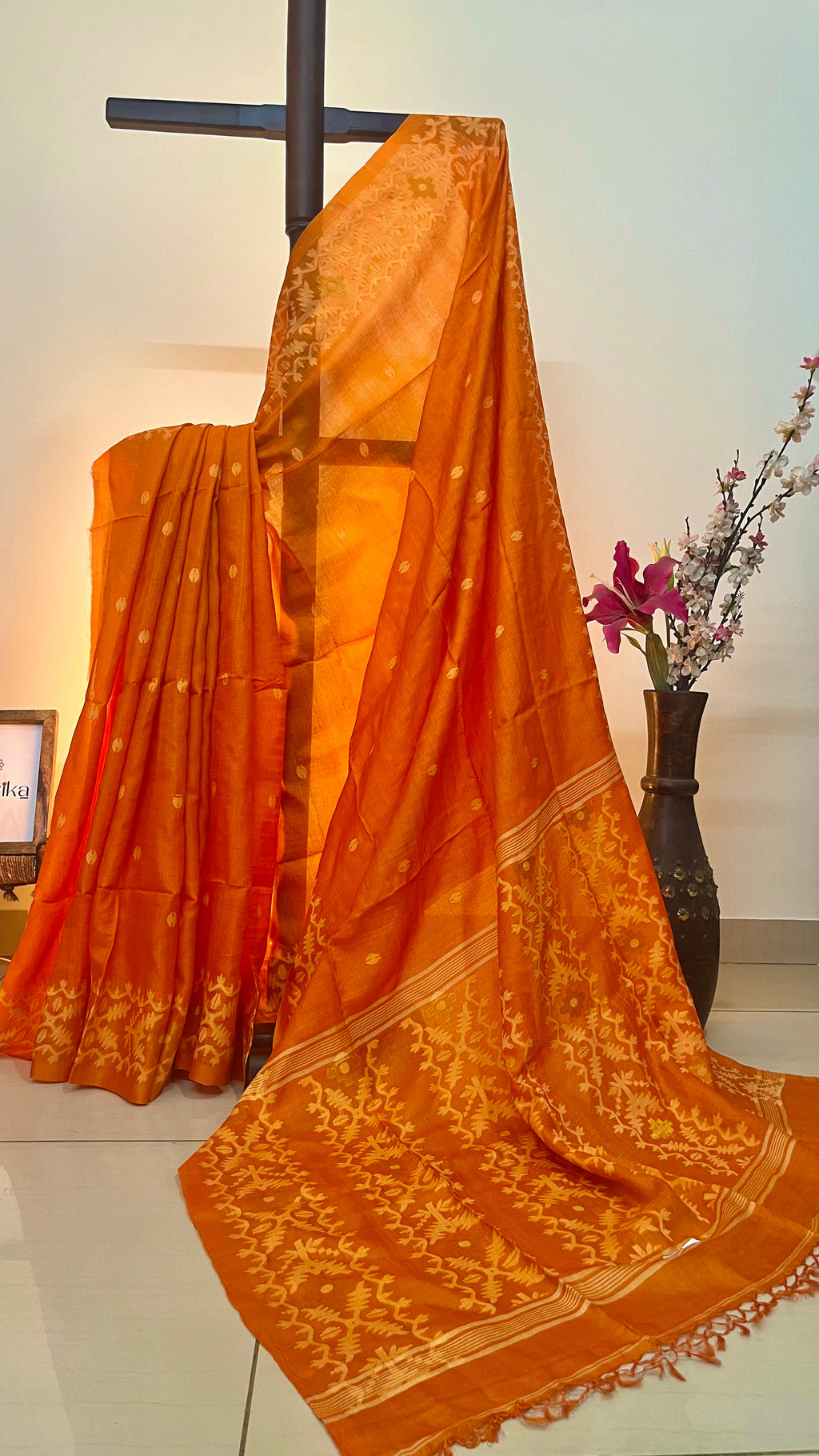 SARVASRESHTHA - Orange Jamdani Tussar Silk Saree