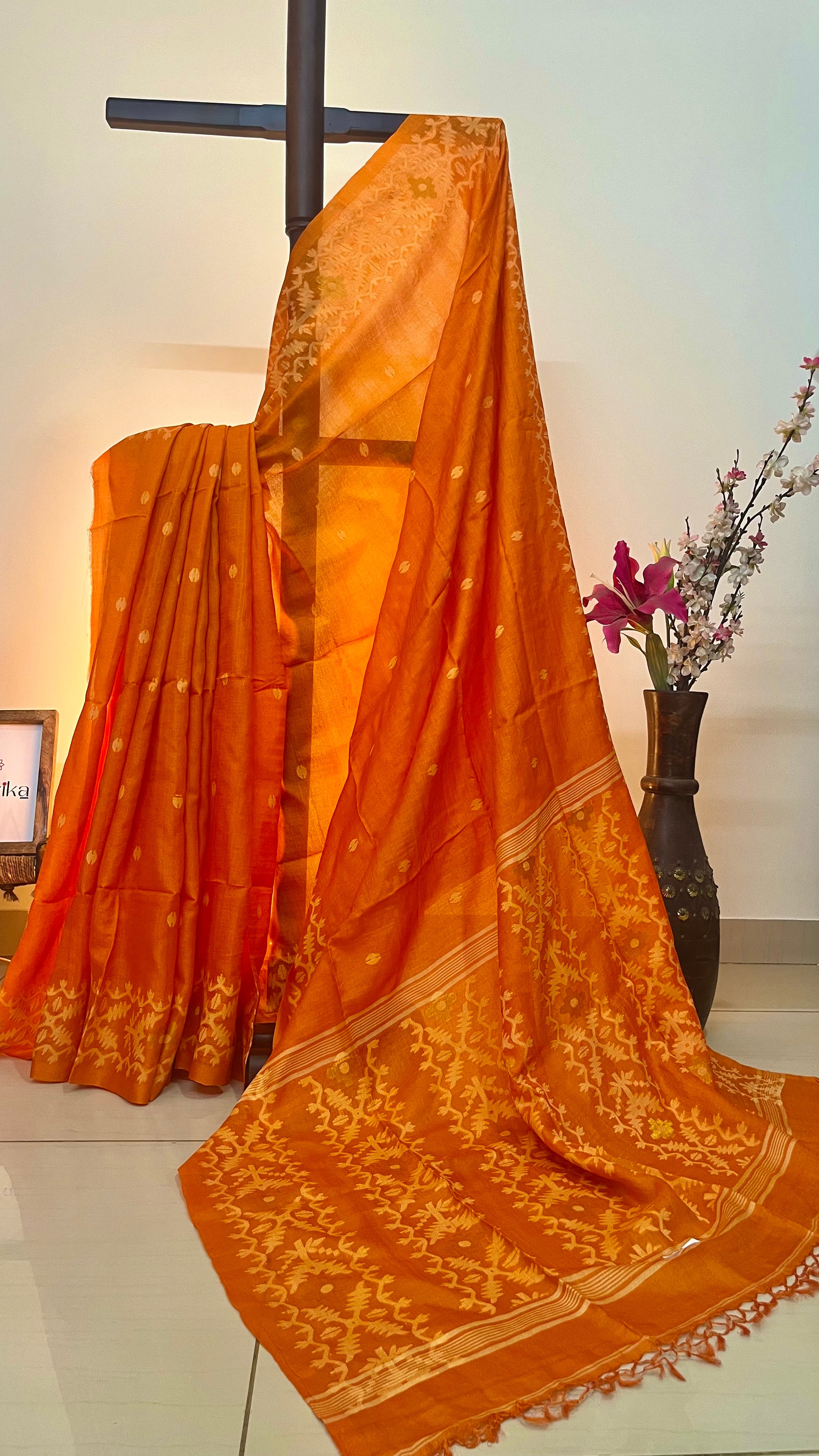 SARVASRESHTHA - Orange Jamdani Tussar Silk Saree