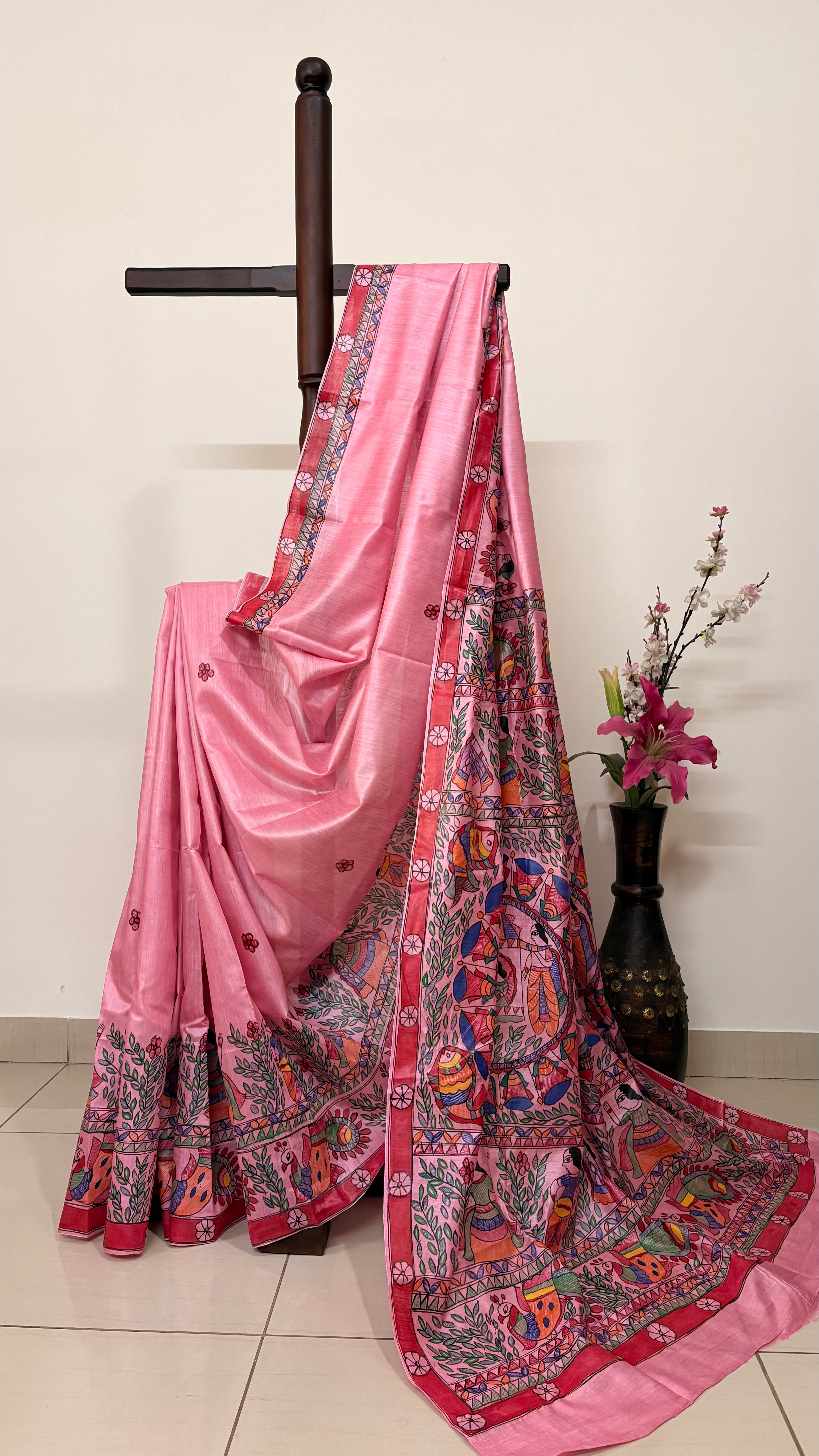 SWAYAMVAR - Mithila Madhubani Hand-painted Tussar Silk Saree