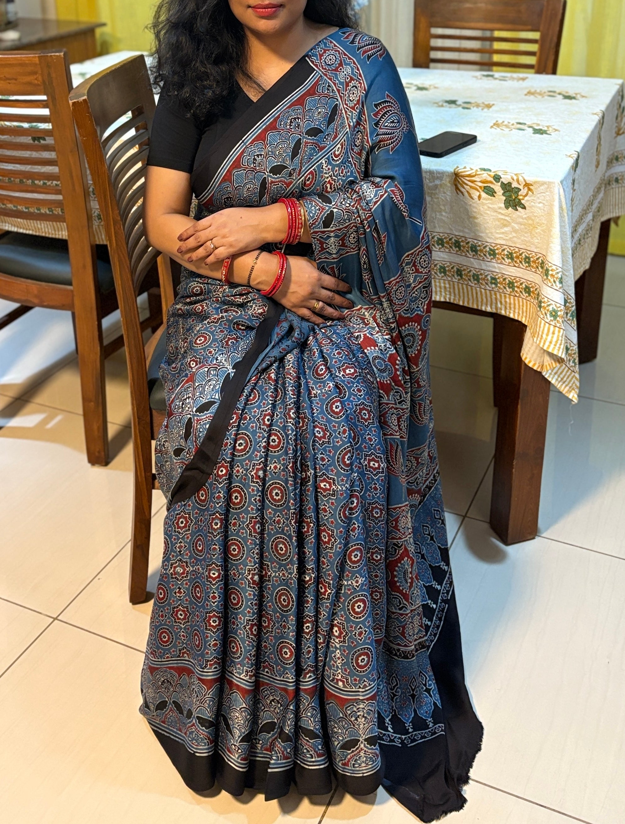 NEELANCHALI - Indigo Vegetable Dyed Handblocked Ajrakh Saree