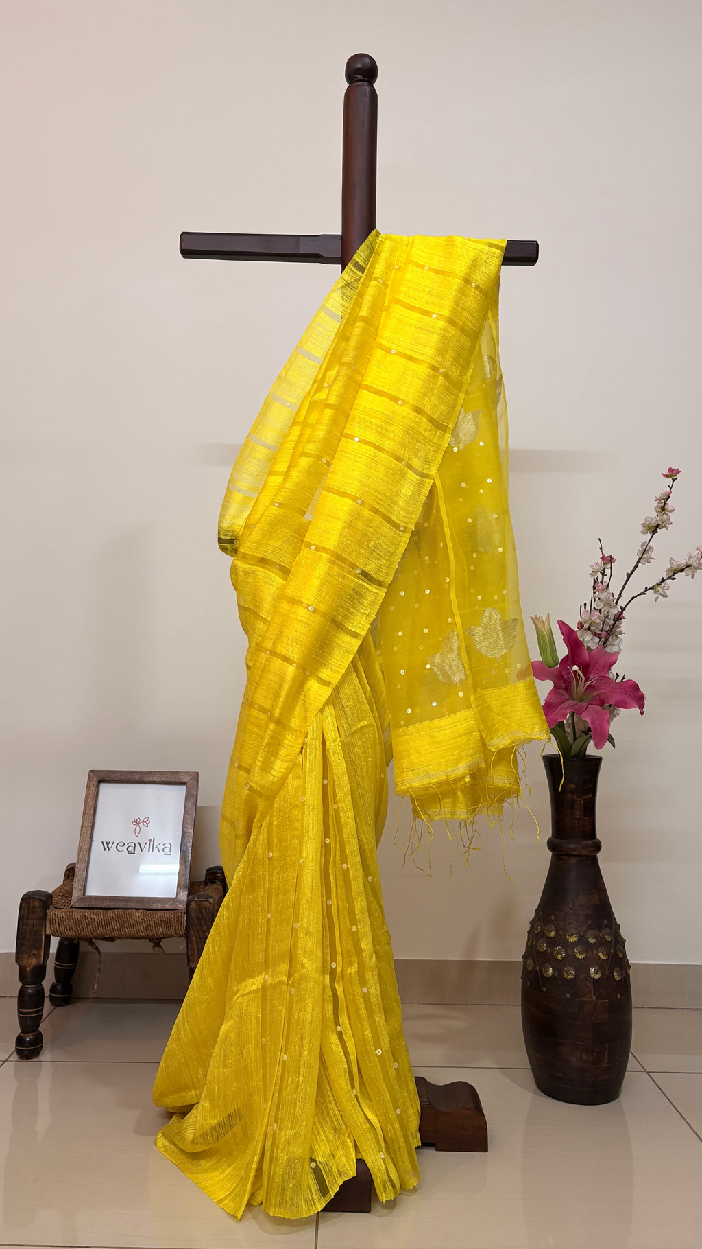 DEVI - Sun Yellow Matka Silk Muslin pallu saree with shells woven