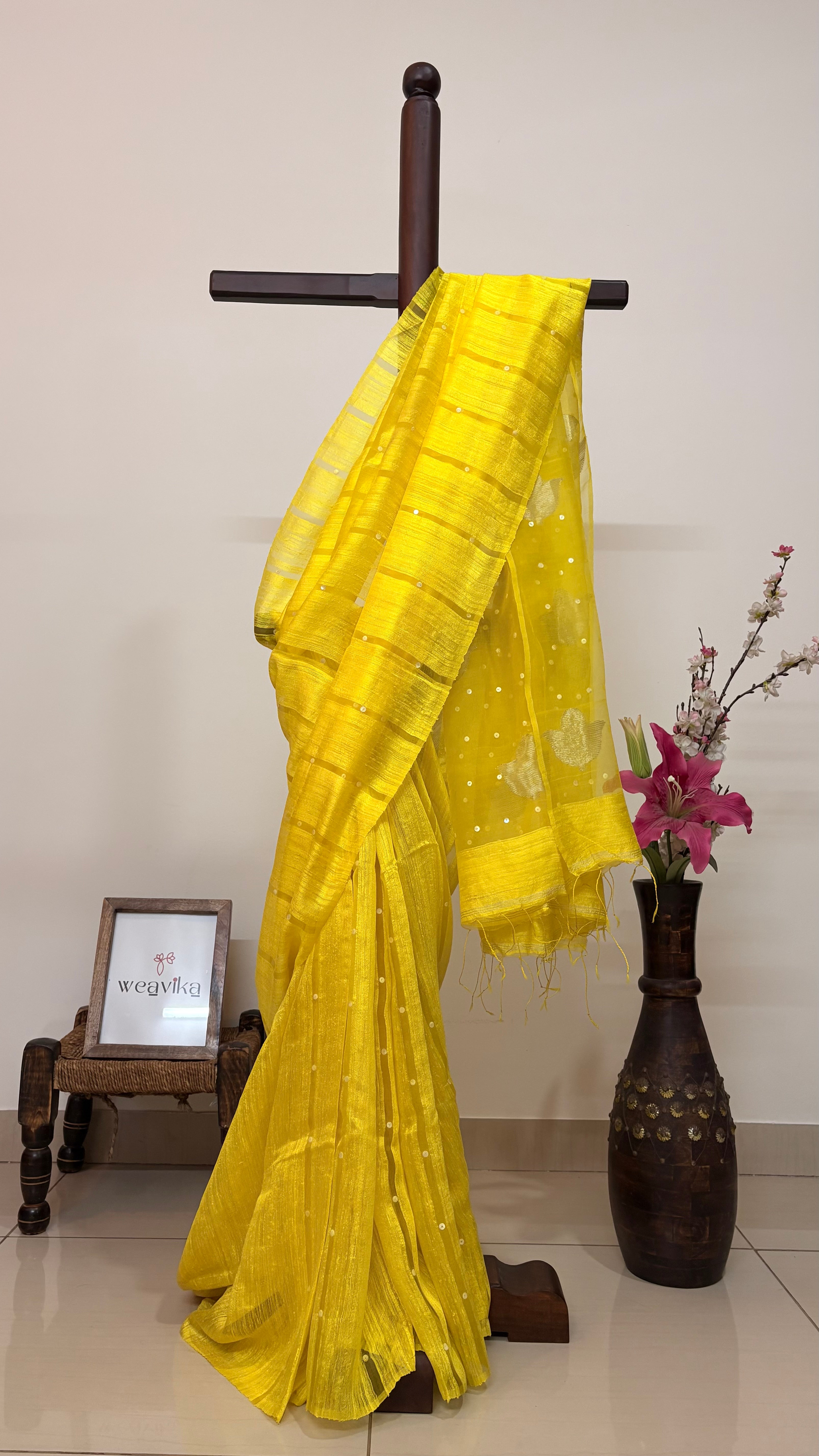 DEVI - Sun Yellow Matka Silk Muslin pallu saree with shells woven