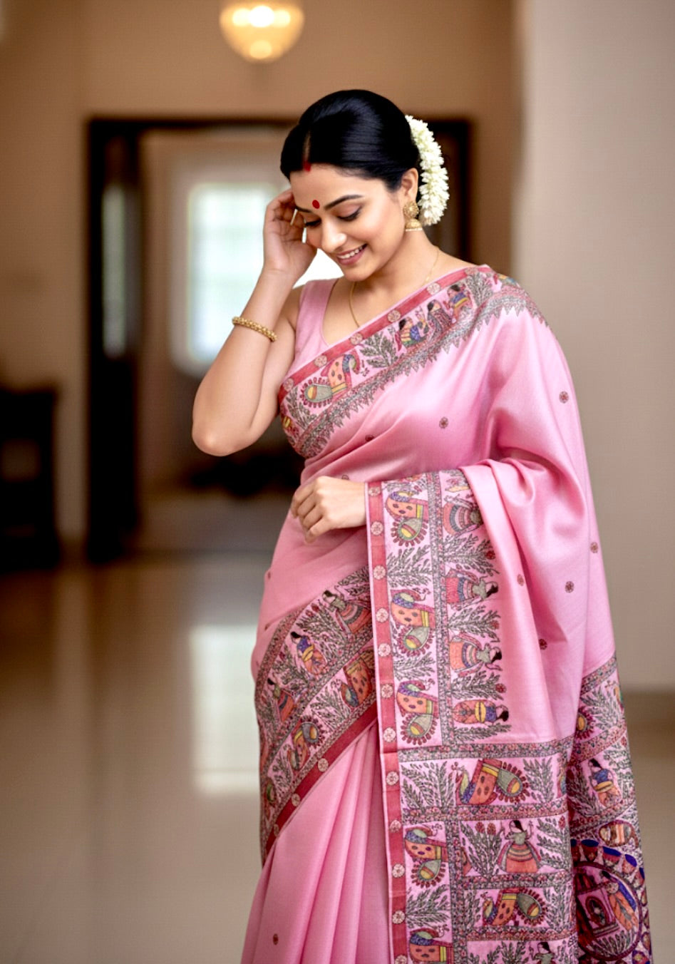 SWAYAMVAR - Mithila Madhubani Hand-painted Tussar Silk Saree