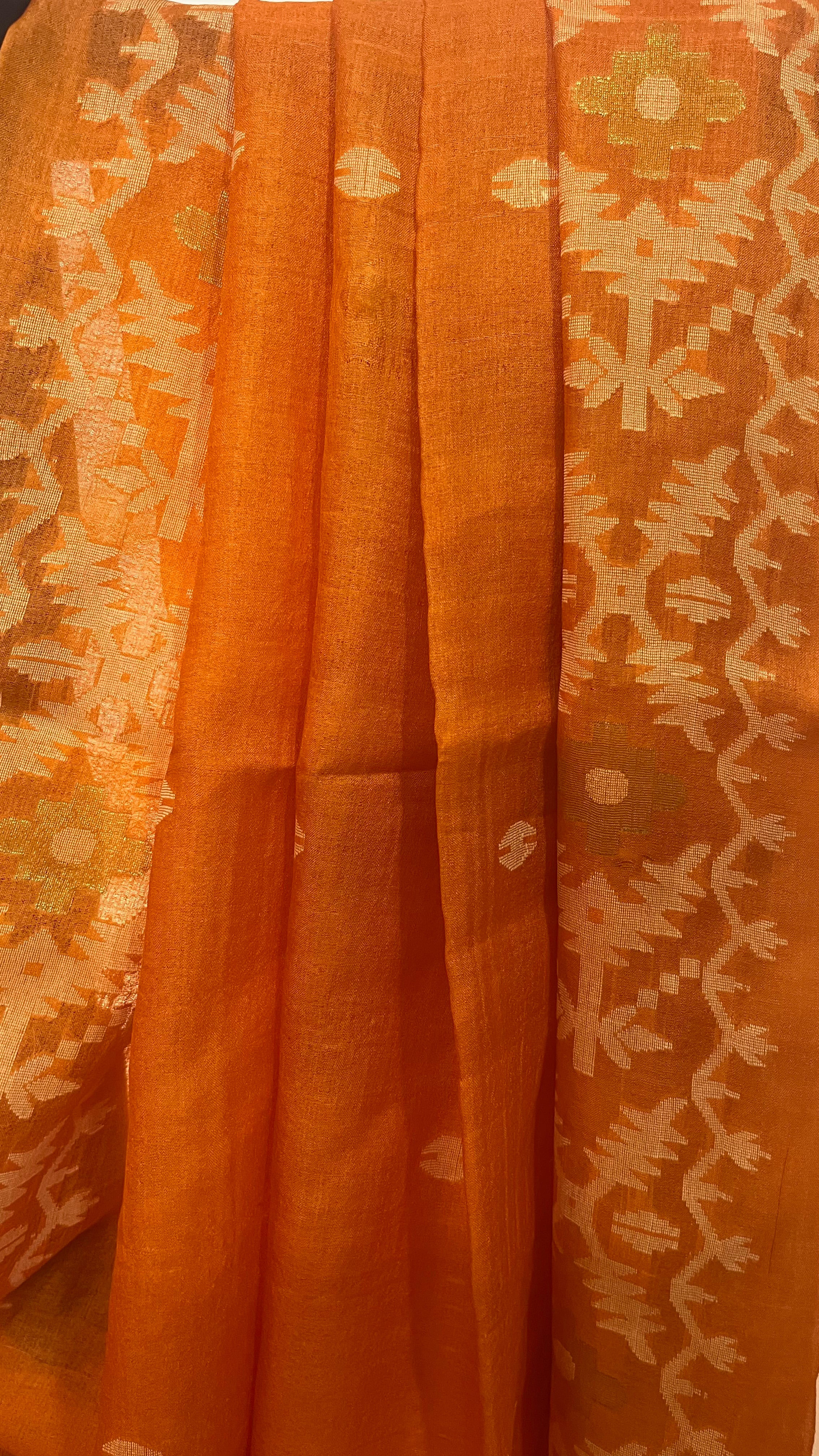 SARVASRESHTHA - Orange Jamdani Tussar Silk Saree