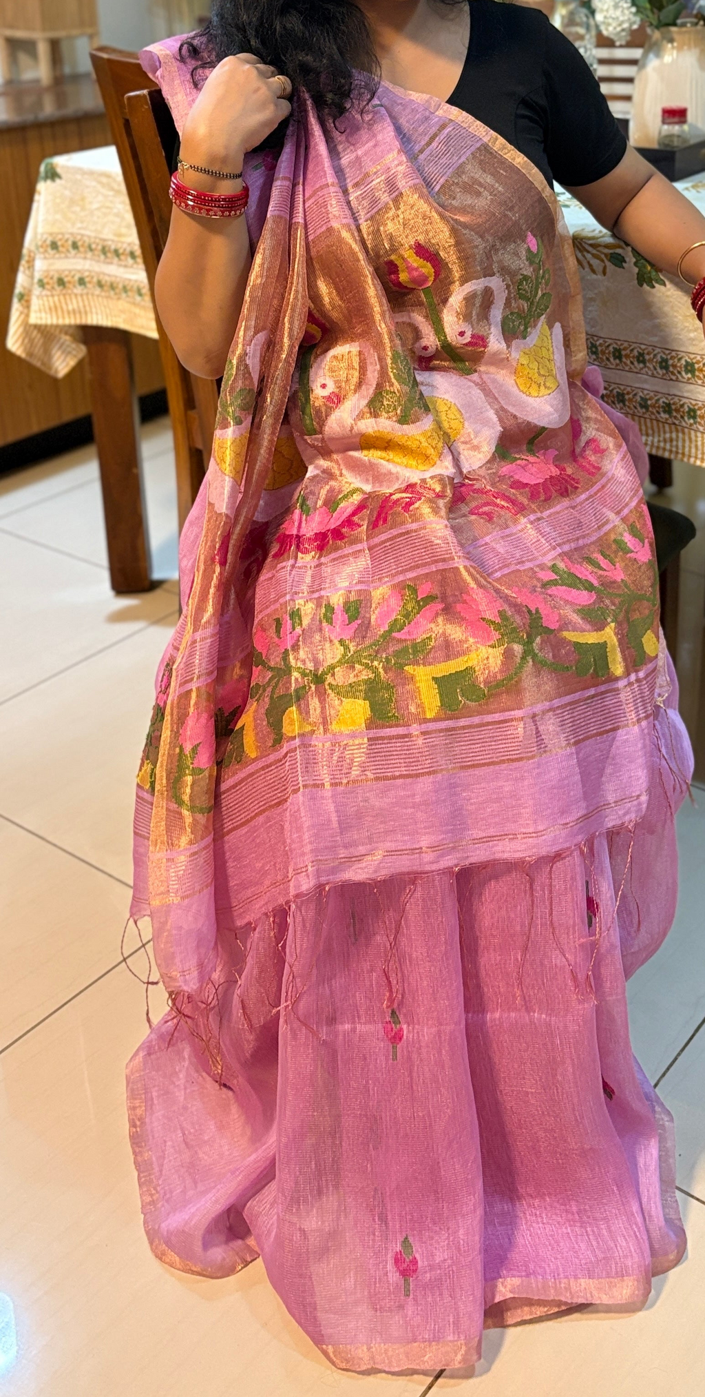 ARANYA - Matka Silk Linen Swan & Lotus Saree