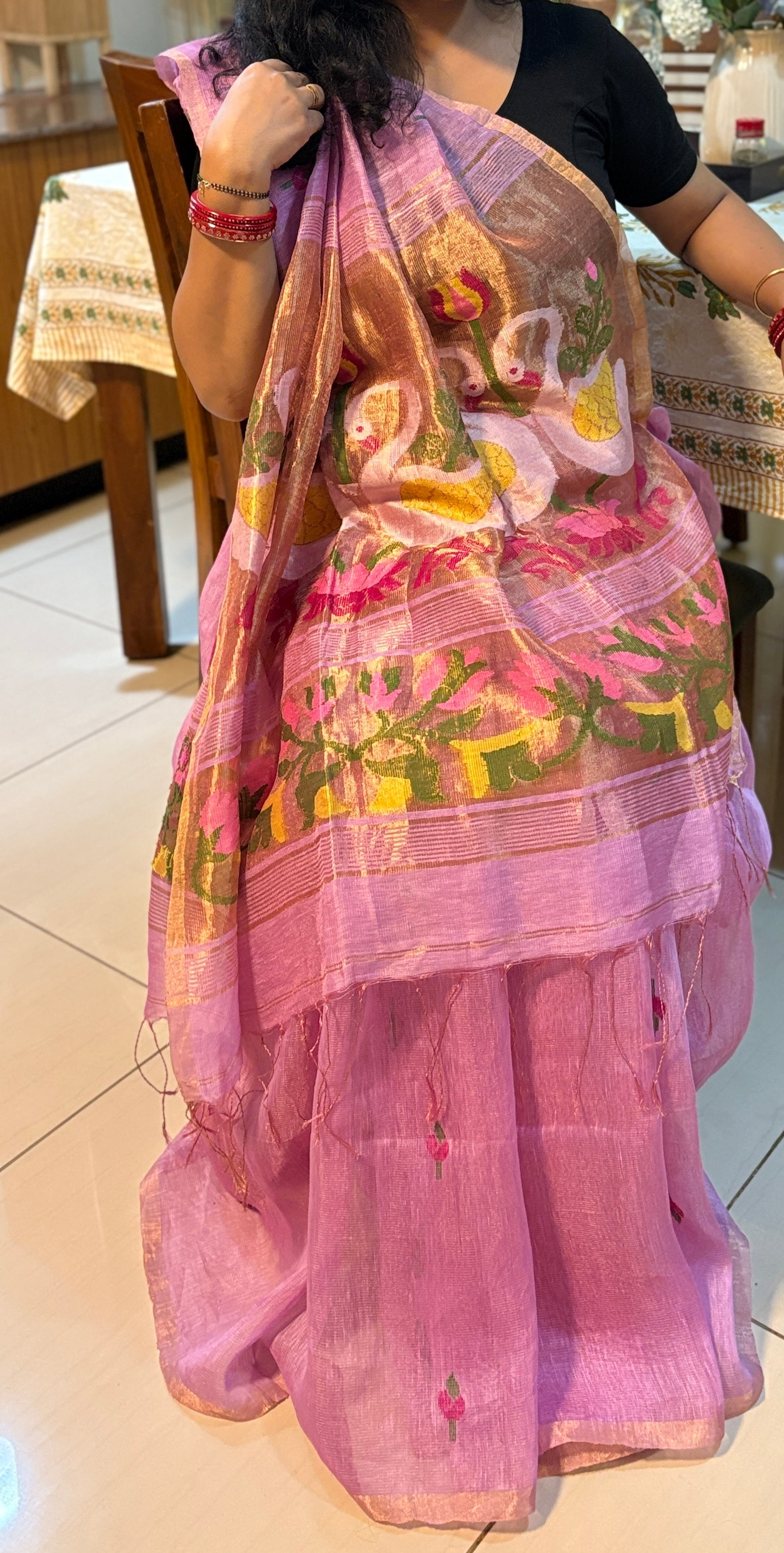 ARANYA - Matka Silk Linen Swan & Lotus Saree