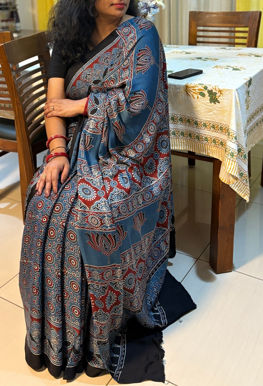 NEELANCHALI - Indigo Vegetable Dyed Handblocked Ajrakh Saree