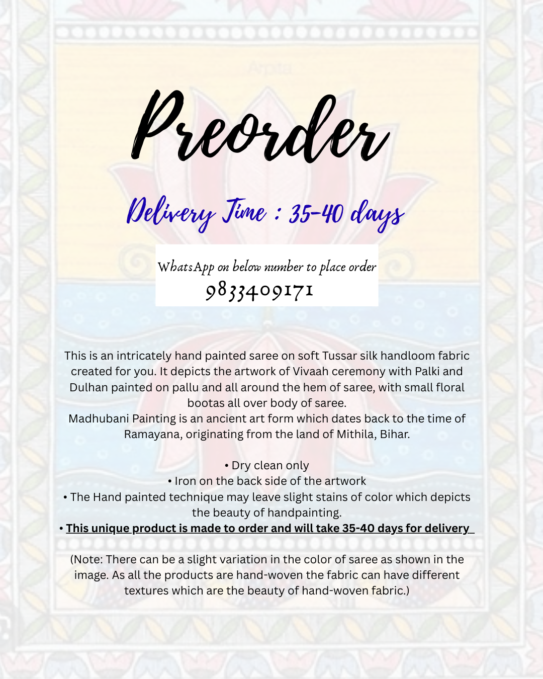 SWAYAMVAR - Mithila Madhubani Hand-painted Tussar Silk Saree