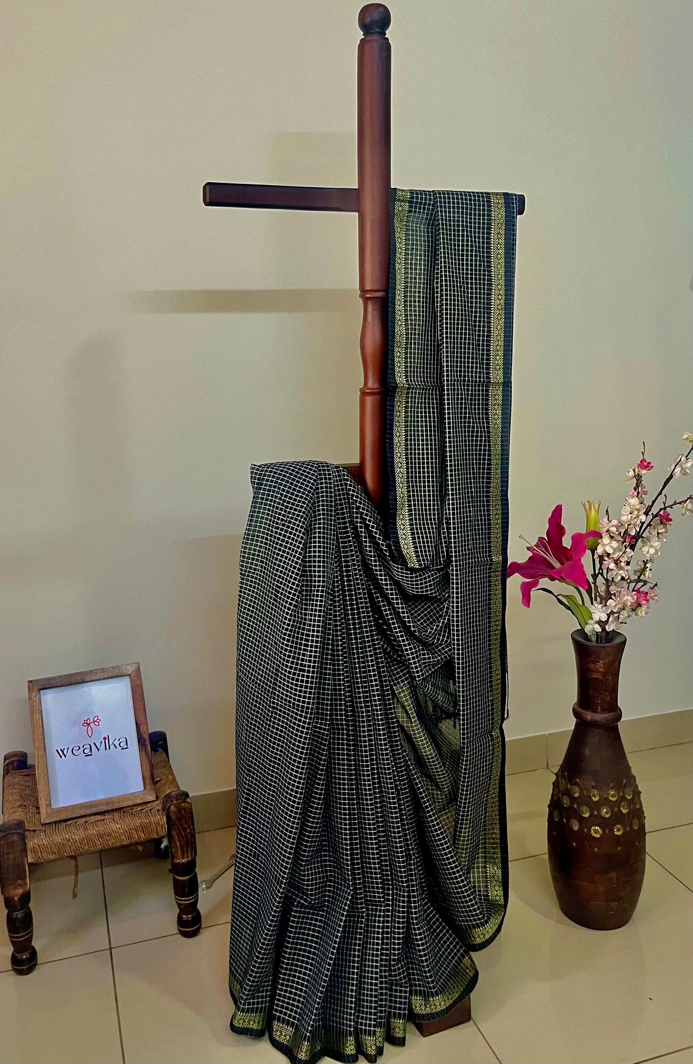 DHRINI  - Cotton Black & Gold Check Saree