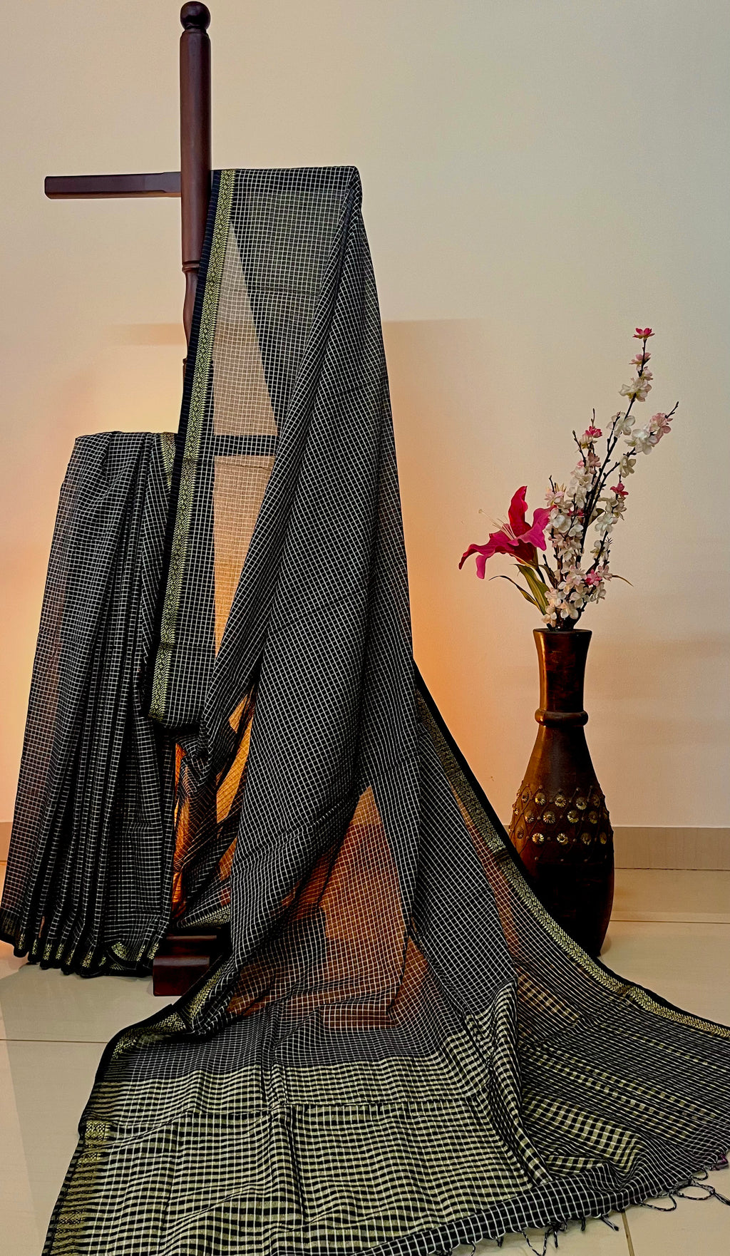 DHRINI  - Cotton Black & Gold Check Saree