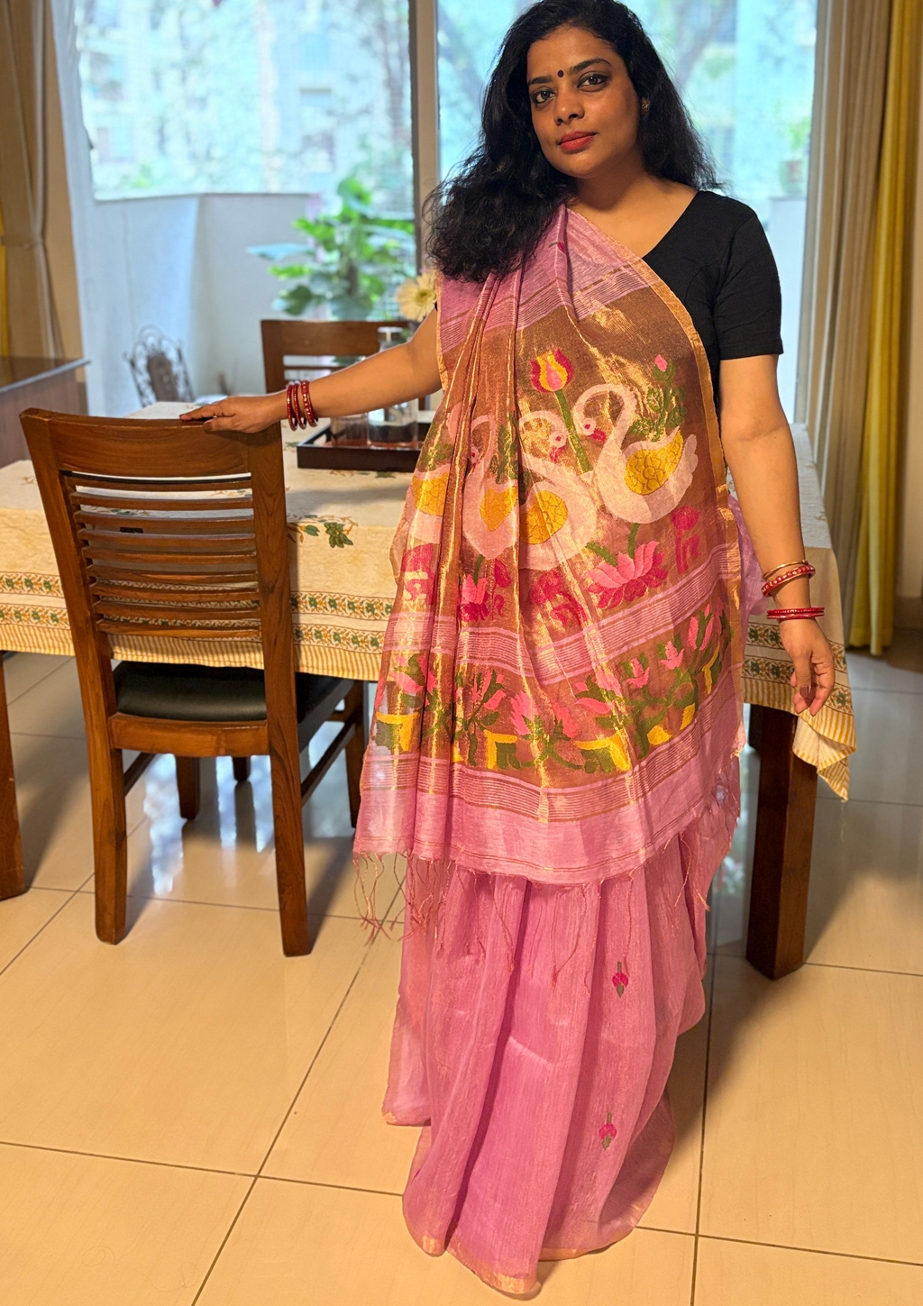 ARANYA - Matka Silk Linen Swan & Lotus Saree