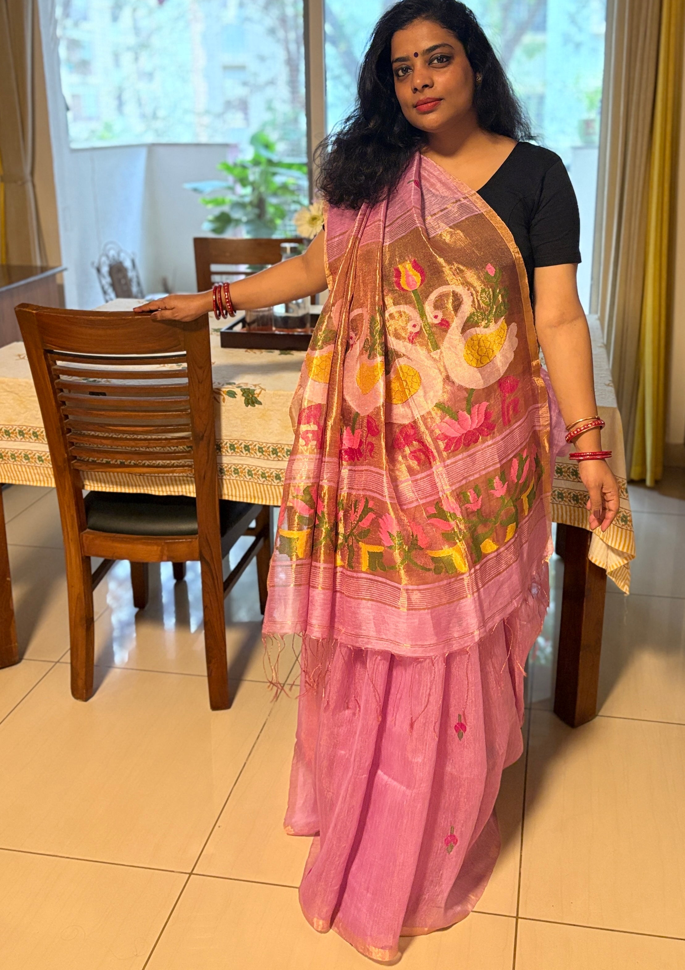 ARANYA - Matka Silk Linen Swan & Lotus Saree