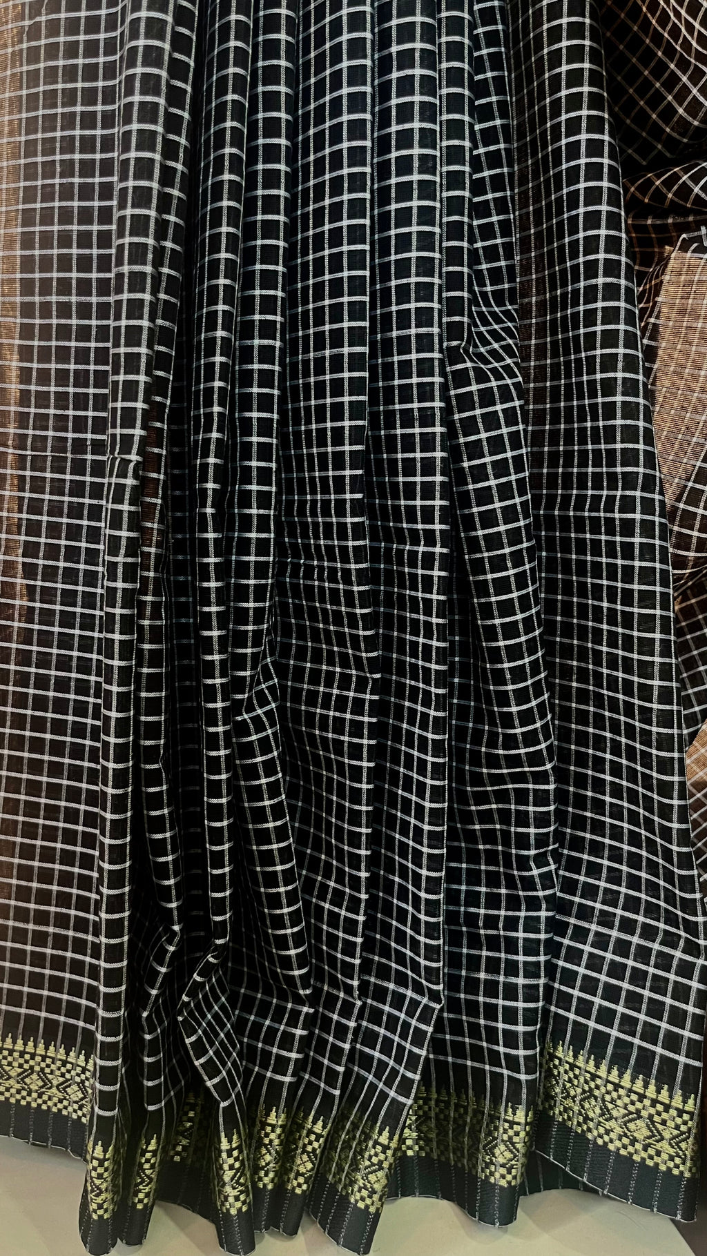 DHRINI  - Cotton Black & Gold Check Saree