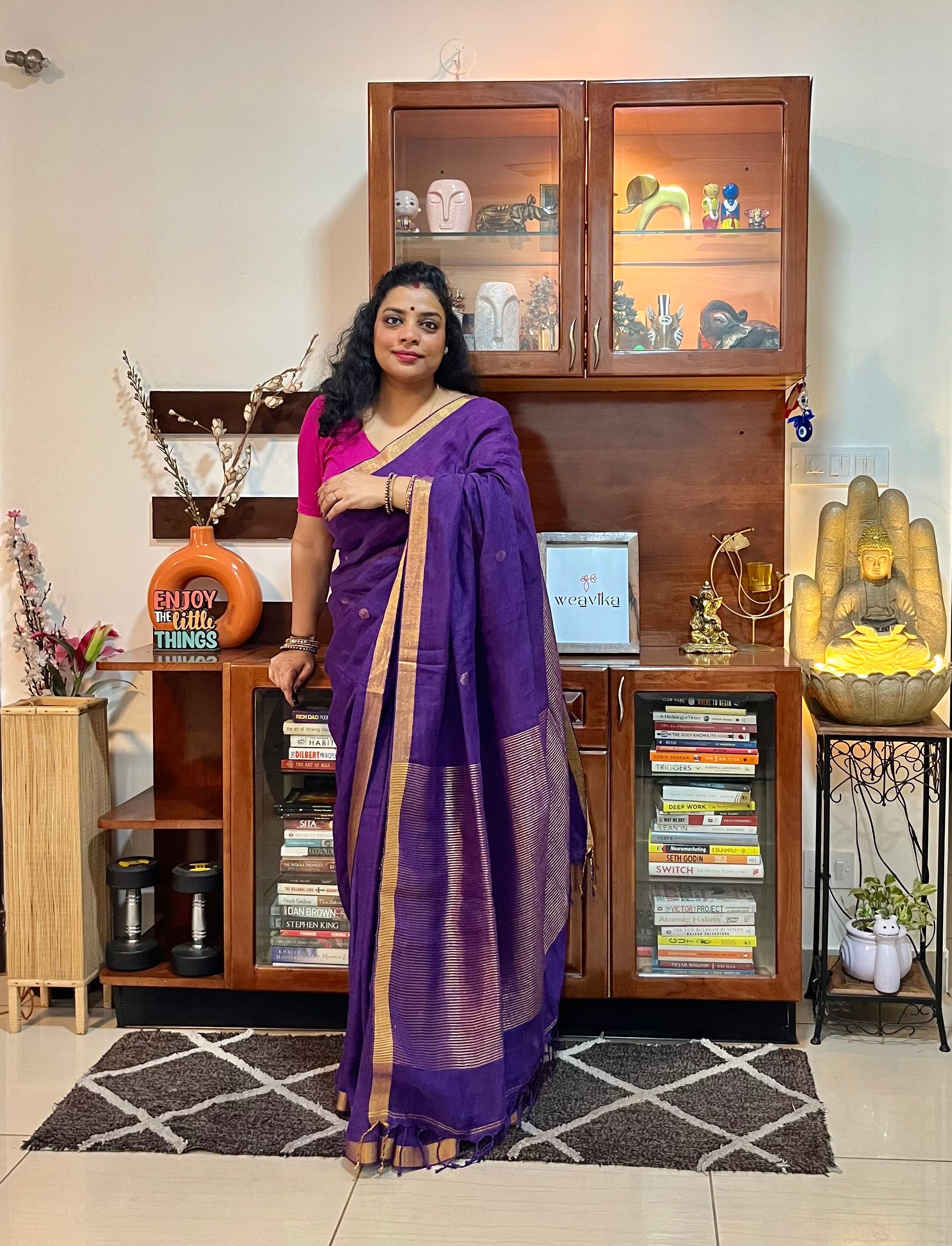 SRESHTHAA - Pure Linen Purple Jamdani Saree