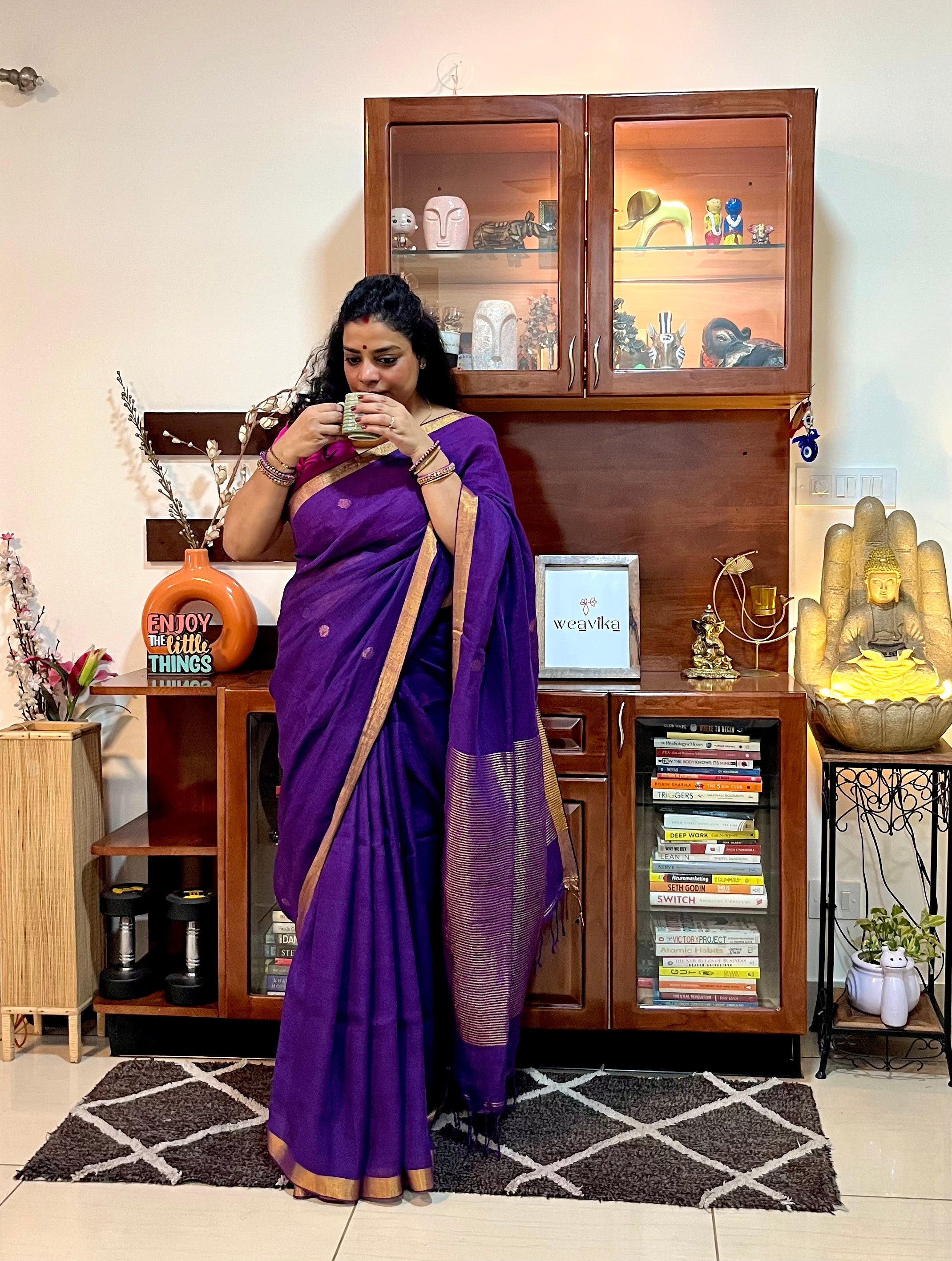 SRESHTHAA - Pure Linen Purple Jamdani Saree