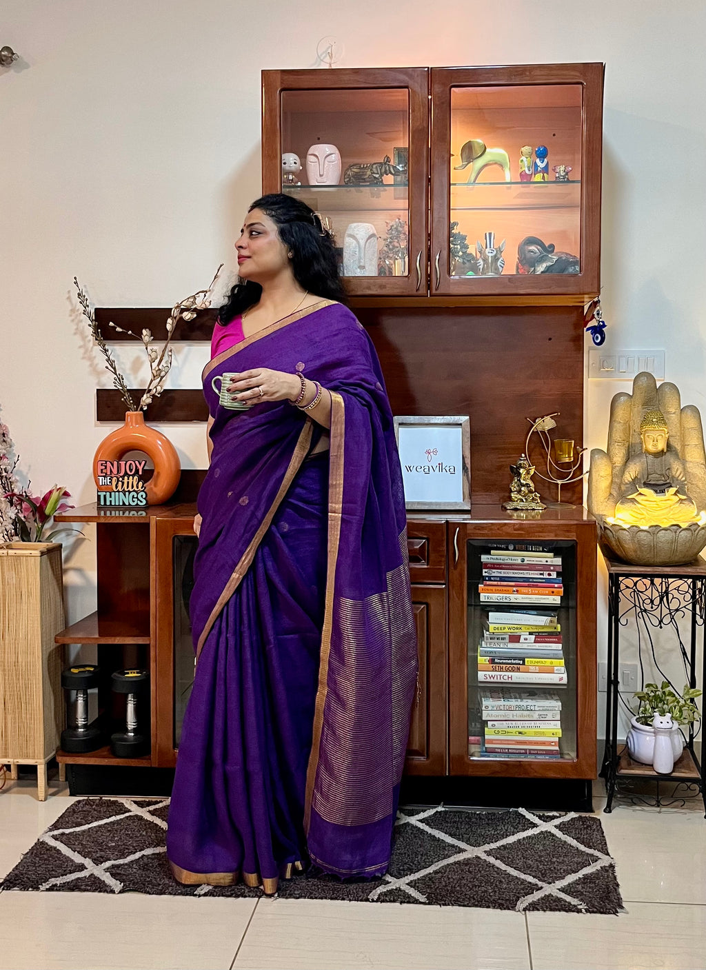 SRESHTHAA - Pure Linen Purple Jamdani Saree