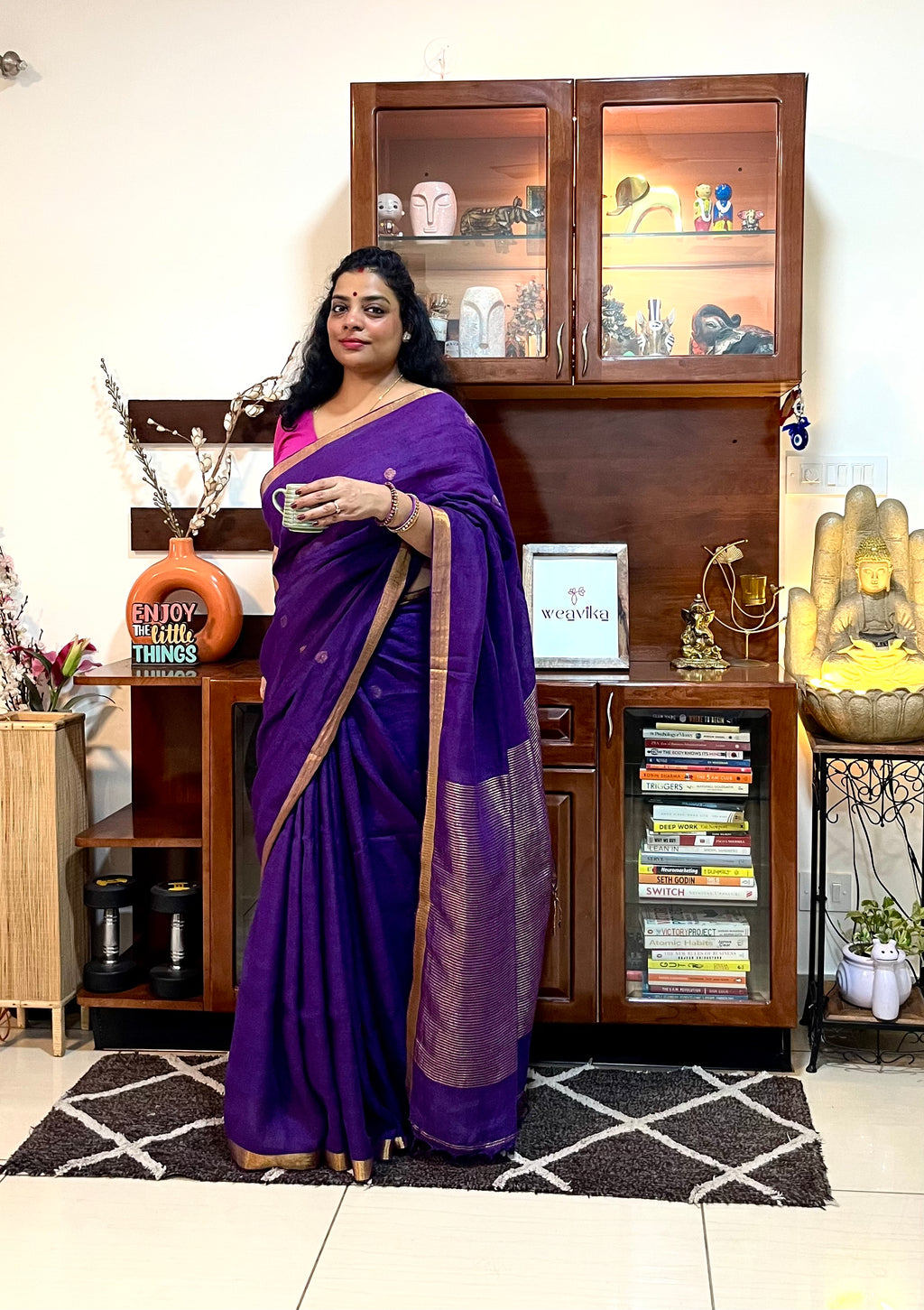 SRESHTHAA - Pure Linen Purple Jamdani Saree