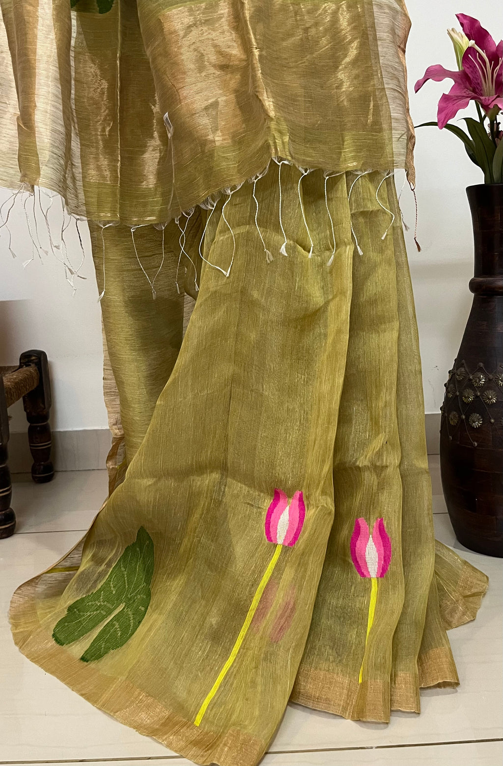 MASSAKALI - Pure Silk Olive Green Lotus Jamdani Saree