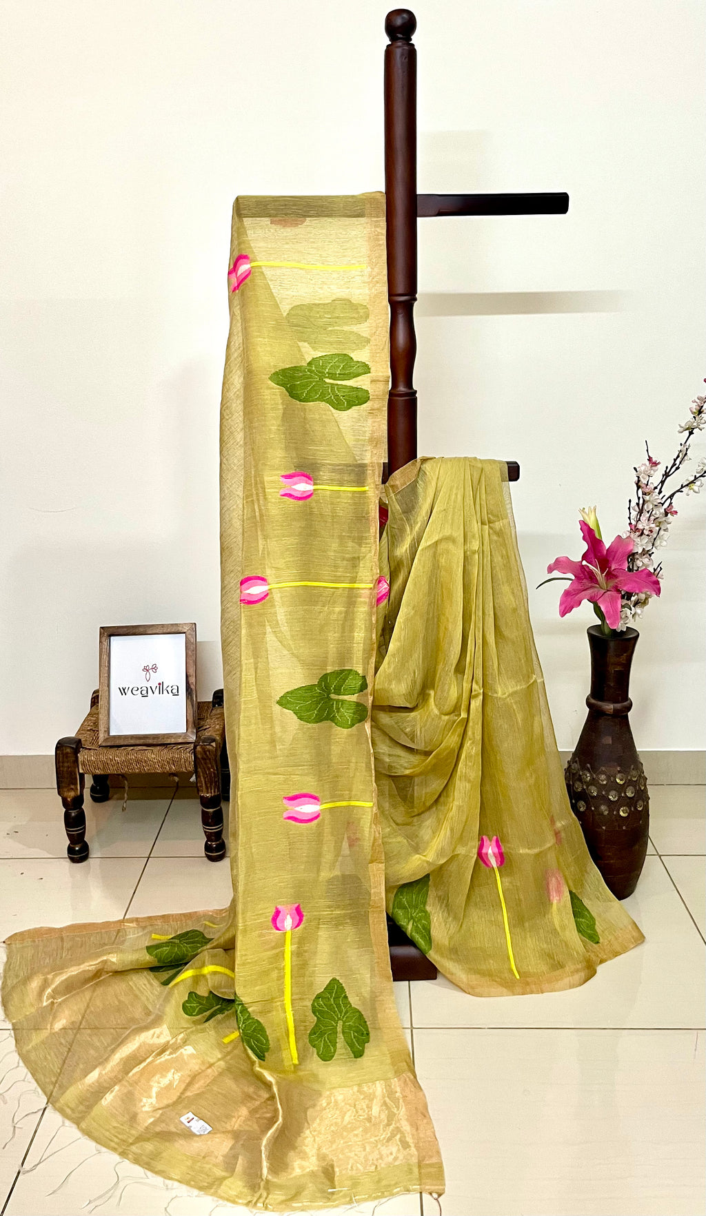 MASSAKALI - Pure Silk Olive Green Lotus Jamdani Saree