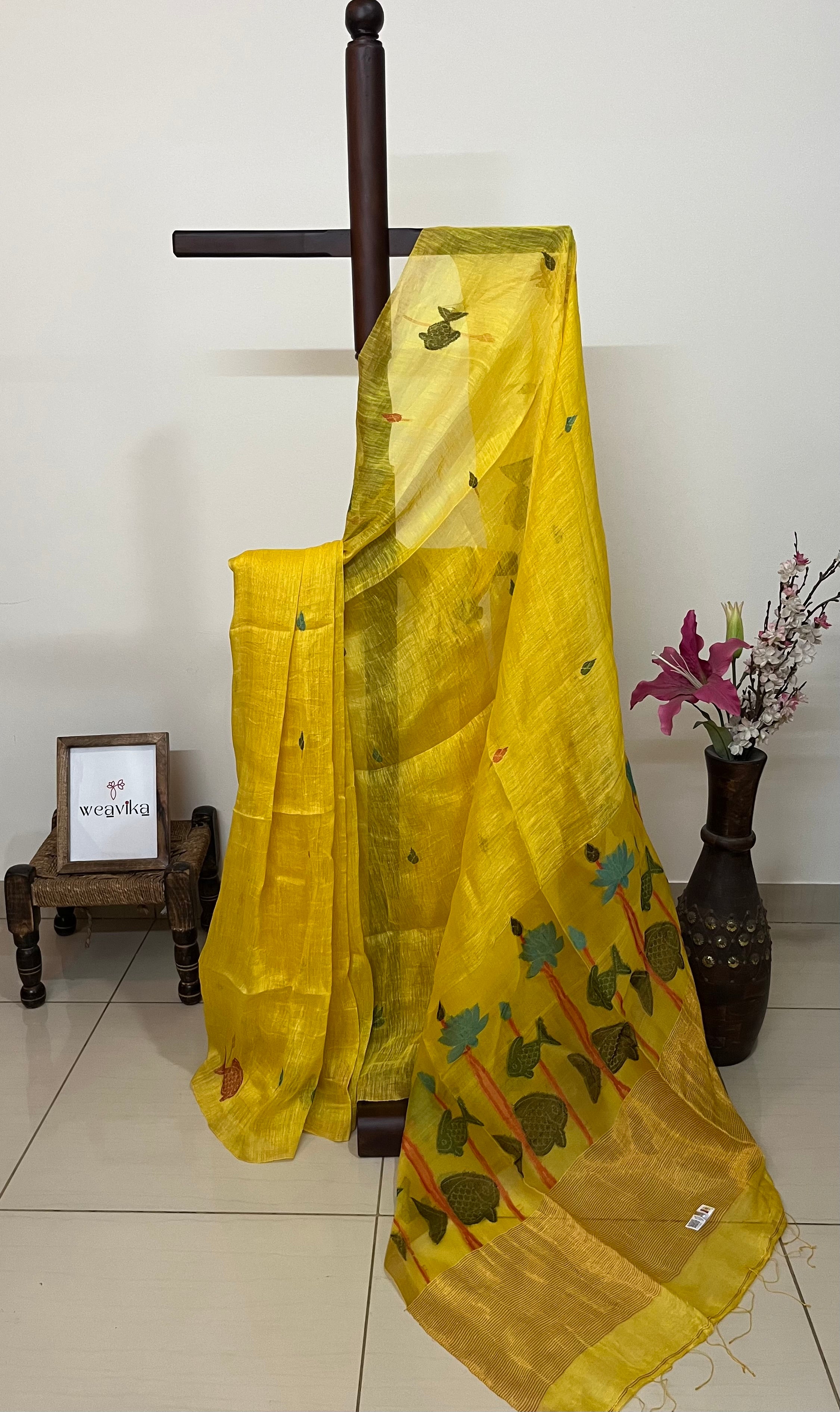GENDA PHOOL - Pure Silk Yellow Fish & Lotus Saree