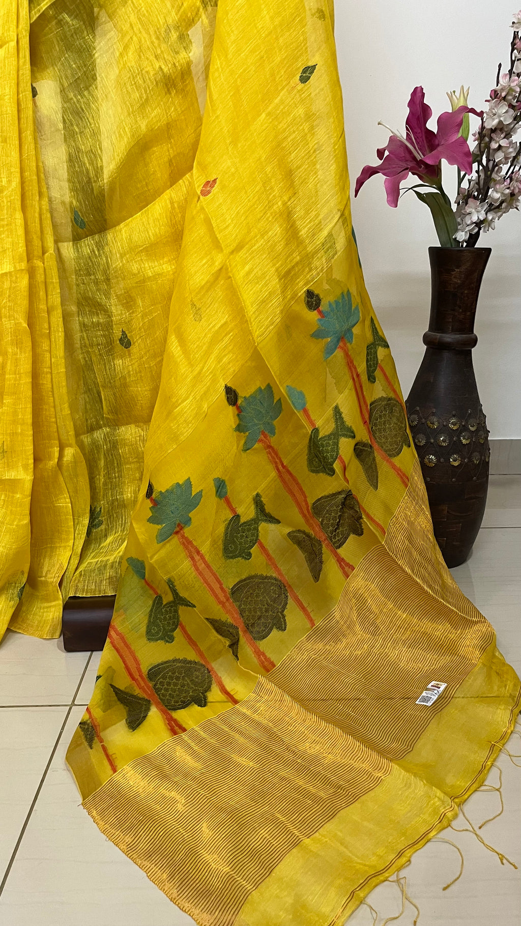 GENDA PHOOL - Pure Silk Yellow Fish & Lotus Saree