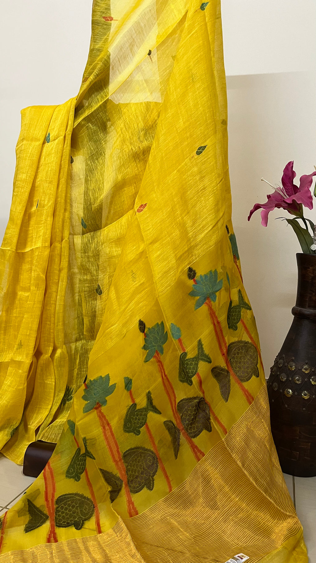 GENDA PHOOL - Pure Silk Yellow Fish & Lotus Saree