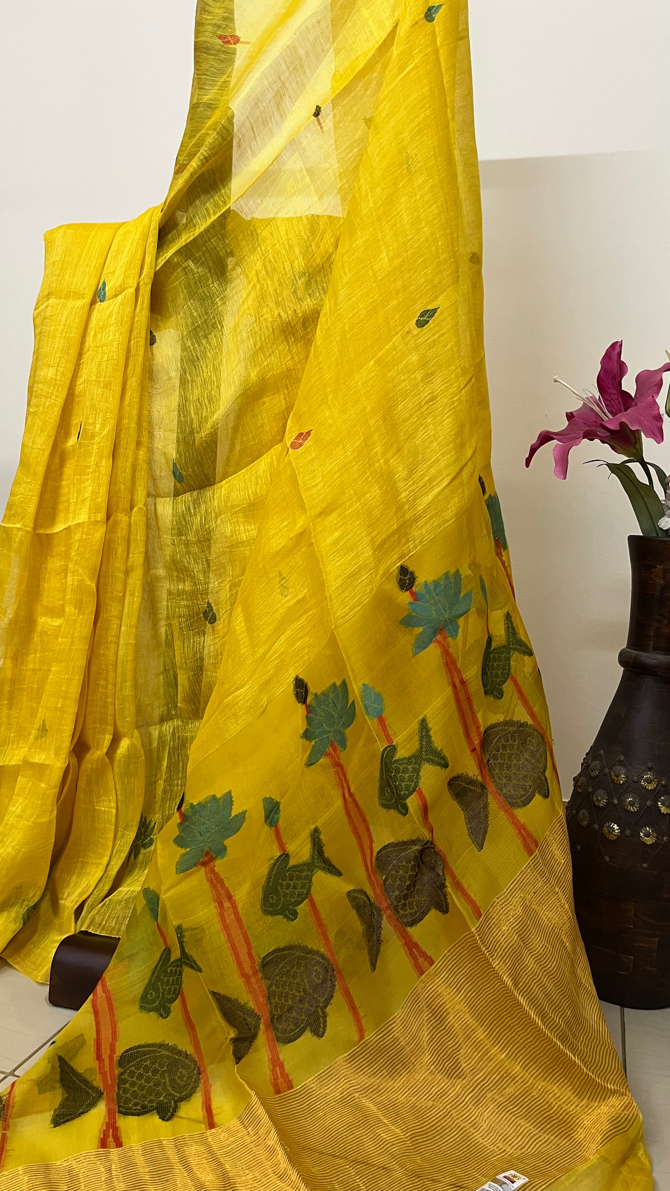 GENDA PHOOL - Pure Silk Yellow Fish & Lotus Saree