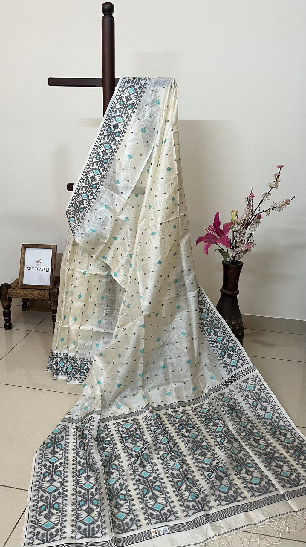 JANAKI - Tussar Silk White with Blue Black Jamdani Saree