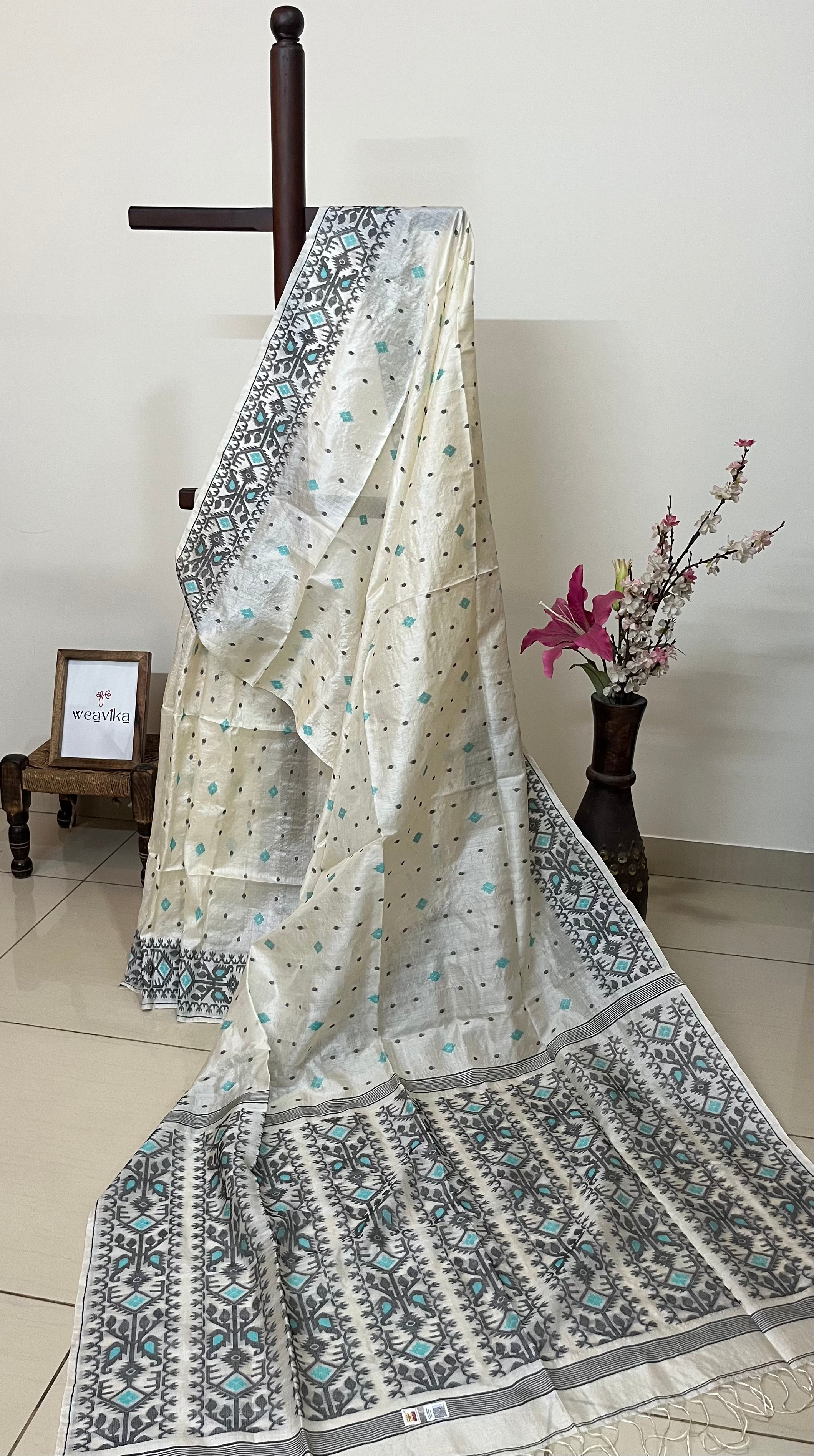 JANAKI - Tussar Silk White with Blue Black Jamdani Saree