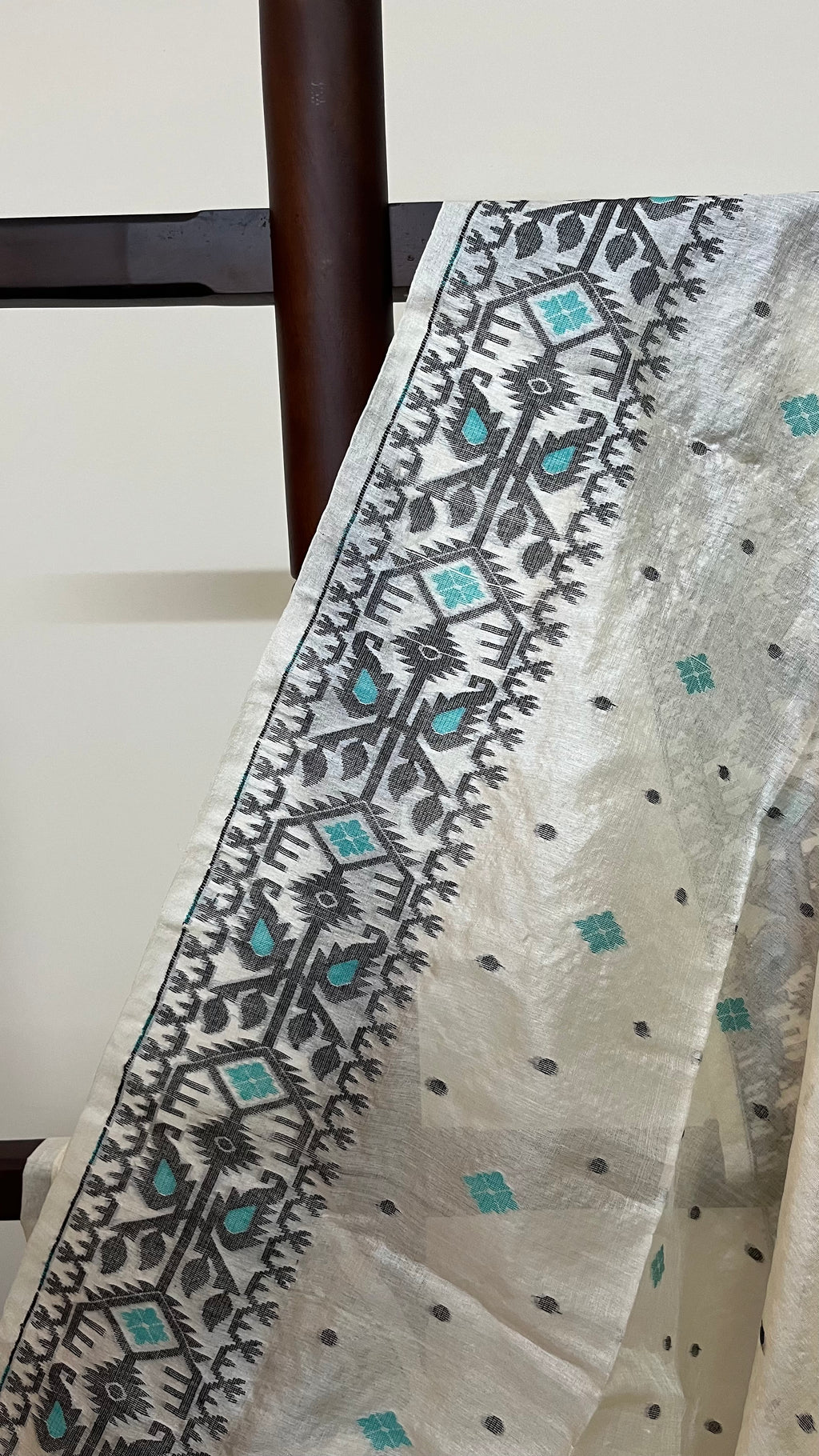 JANAKI - Tussar Silk White with Blue Black Jamdani Saree