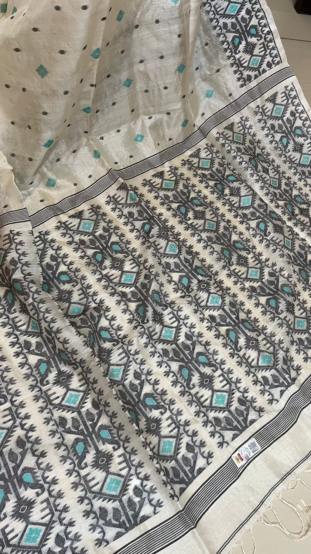 JANAKI - Tussar Silk White with Blue Black Jamdani Saree