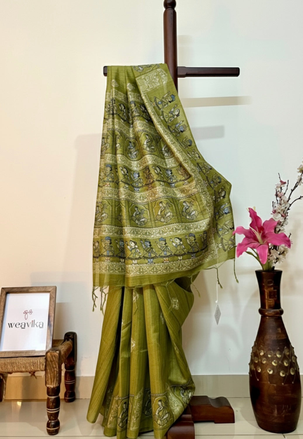 SHRINI - Olive Green Screen Printed Madhubani saree