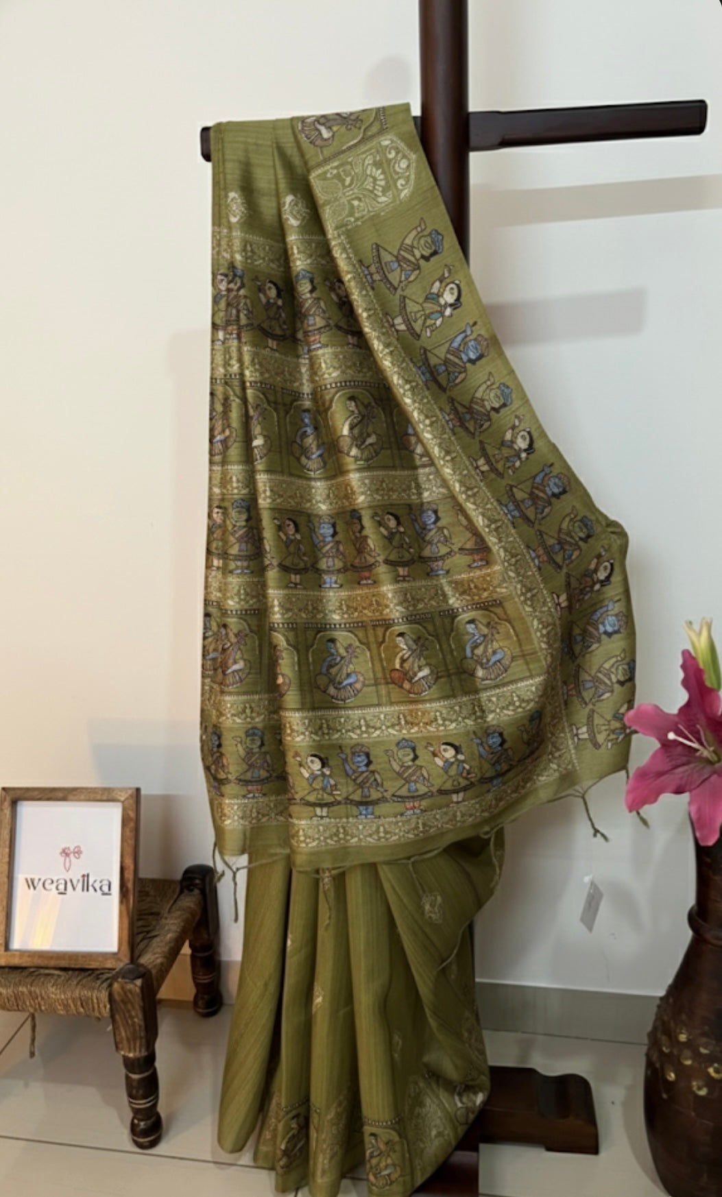 SHRINI - Olive Green Screen Printed Madhubani saree
