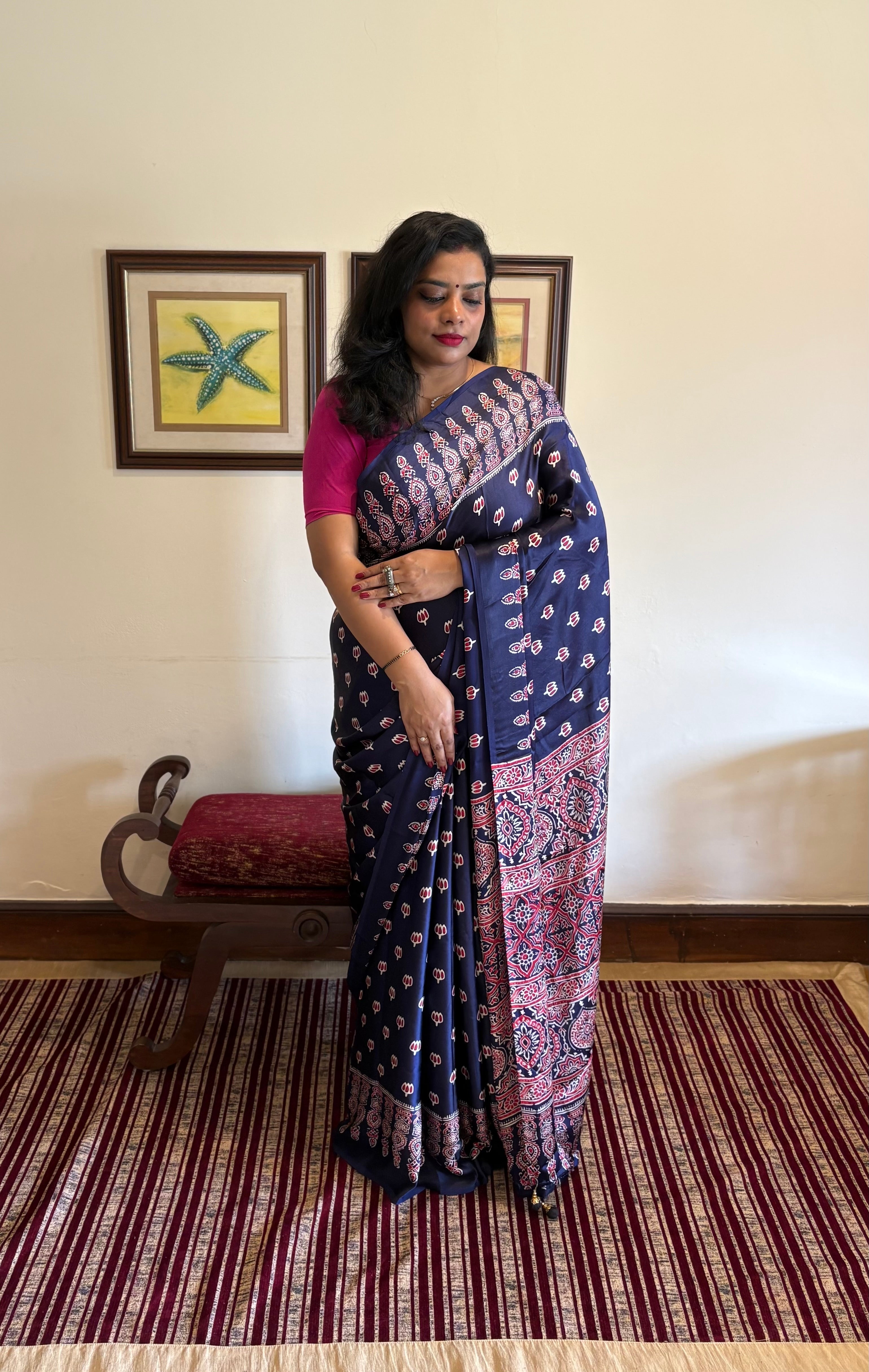 MORNI - Modal Viscose Satin Blue Ajrakh Saree