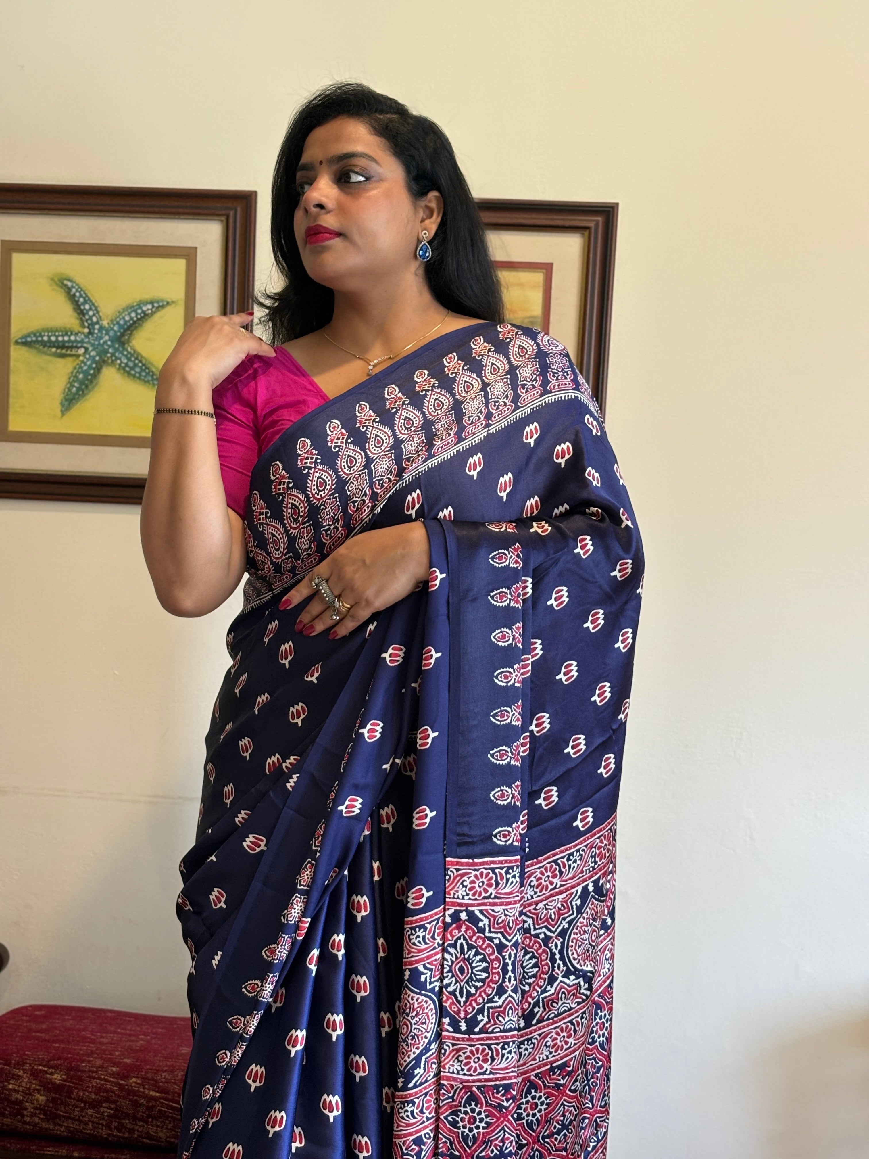 MORNI - Modal Viscose Satin Blue Ajrakh Saree