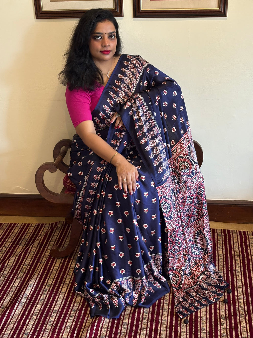 MORNI - Modal Viscose Satin Blue Ajrakh Saree