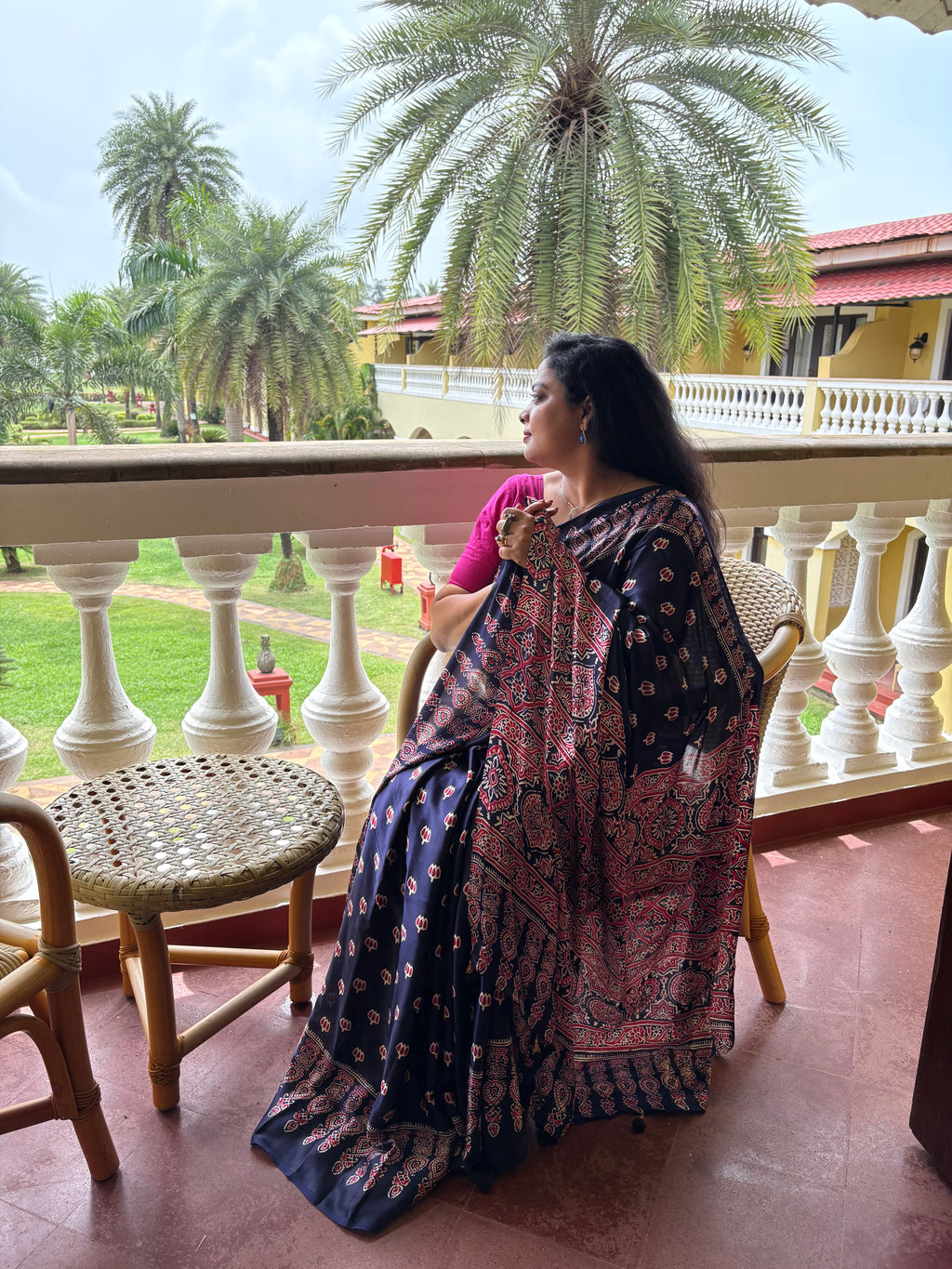 MORNI - Modal Viscose Satin Blue Ajrakh Saree