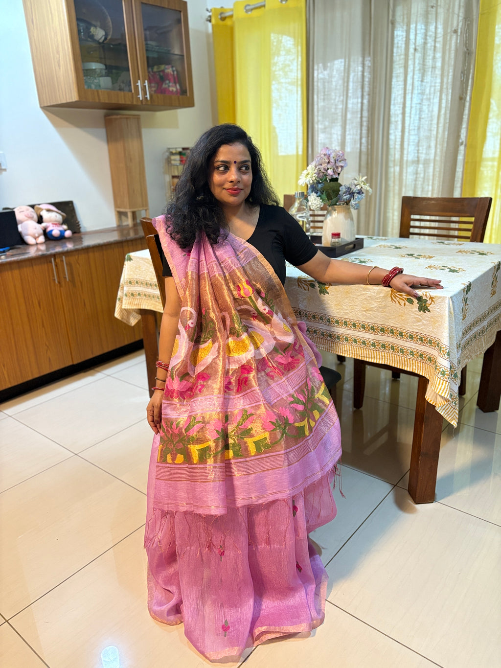 ARANYA - Matka Silk Linen Swan & Lotus Saree